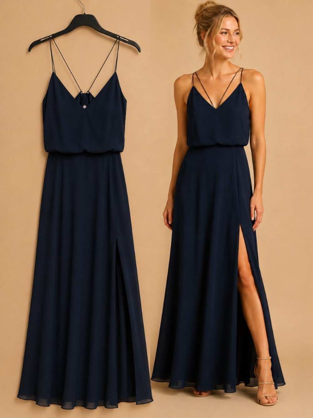 Jenny Yoo Collection Navy Maxi Gown Strappy Back Side Slit Size 2 Formal Wedding